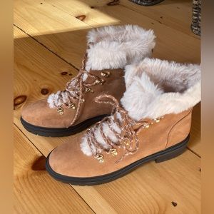 J. Crew Tan Lace Up Boots with Faux Fur